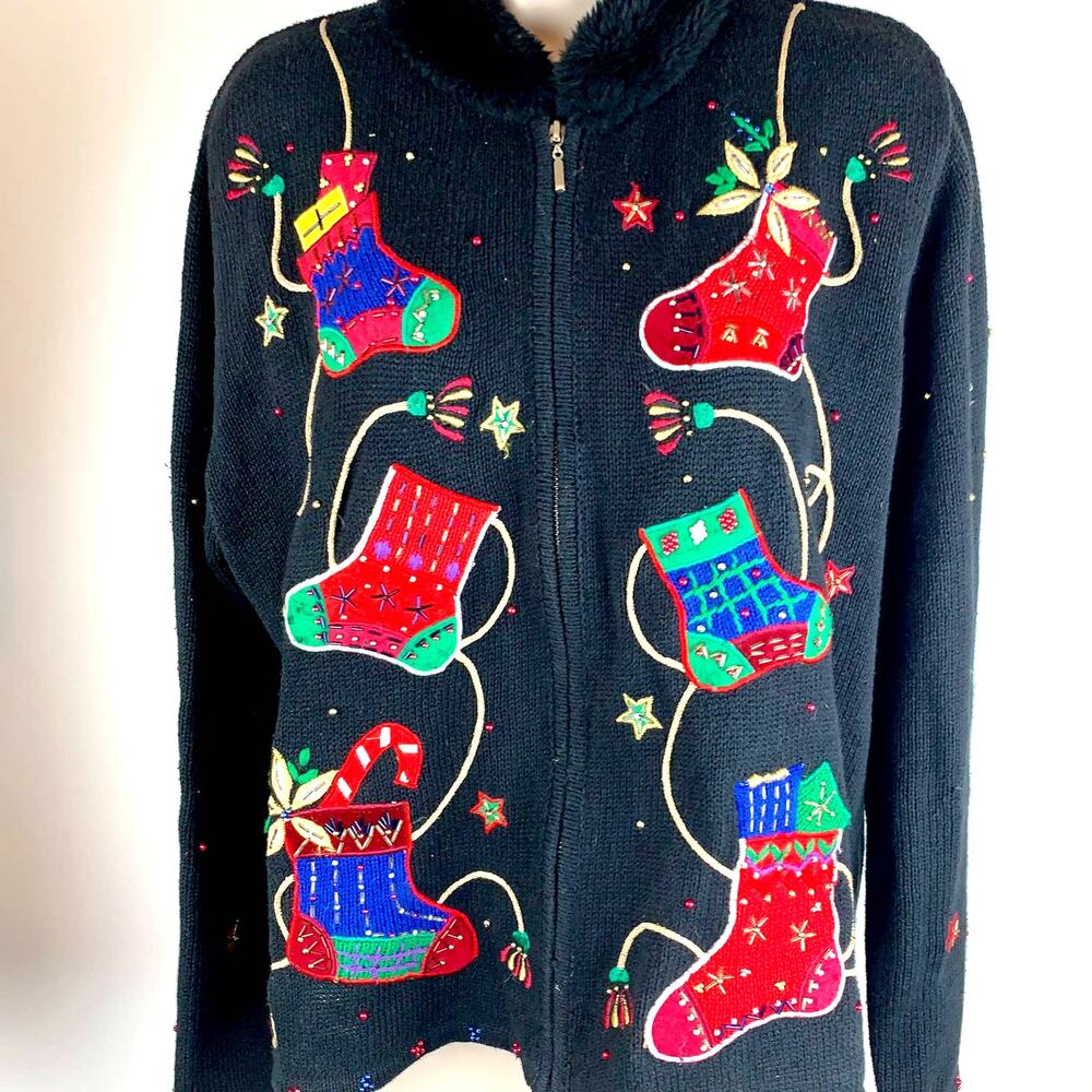 Designer Studio L Black Christmas Cardigan Pretty Sweater Zips